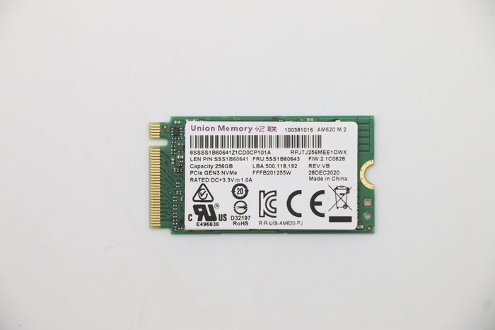 Lenovo 256GB PCIe 2242 M.2 SSD, high-speed storage solution, designed for Lenovo desktops and laptops, compact form factor.