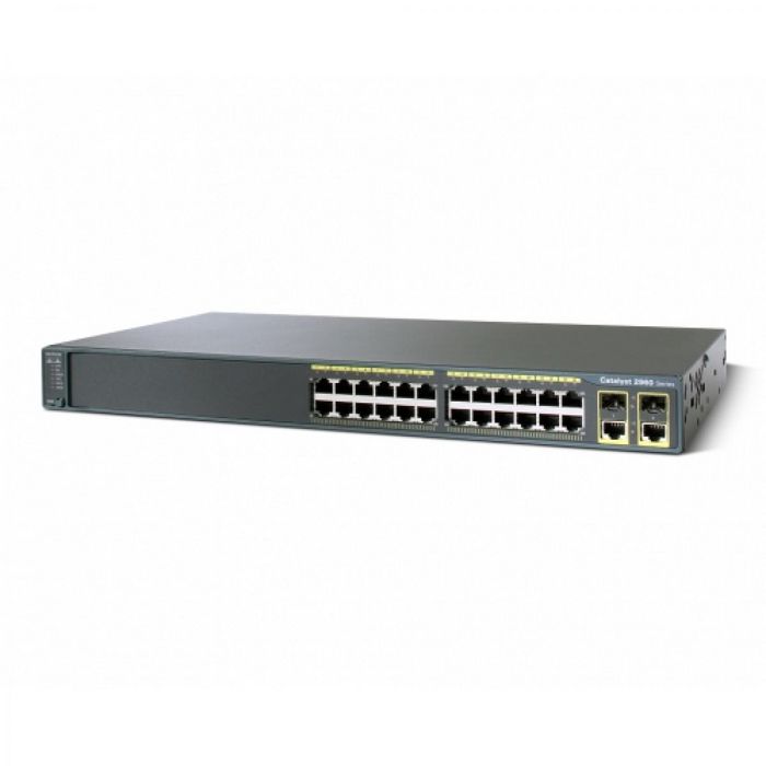 Cisco 24 Ethernet 10/100 ports and 2 dual-purpose uplinks (each dual-purpose uplink port has one 10/100/1000 Ethernet port and 1 SFP-based Gigabit Ethernet port, 1 port active), 8 PoE Ports, 1 RU fixed-configuration, LAN Lite Image installed