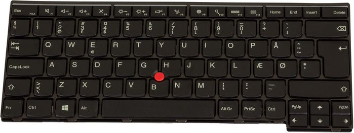 Lenovo Danish language layout keyboard, designed for Lenovo laptops, standard alphanumeric and operational keys, compact design.