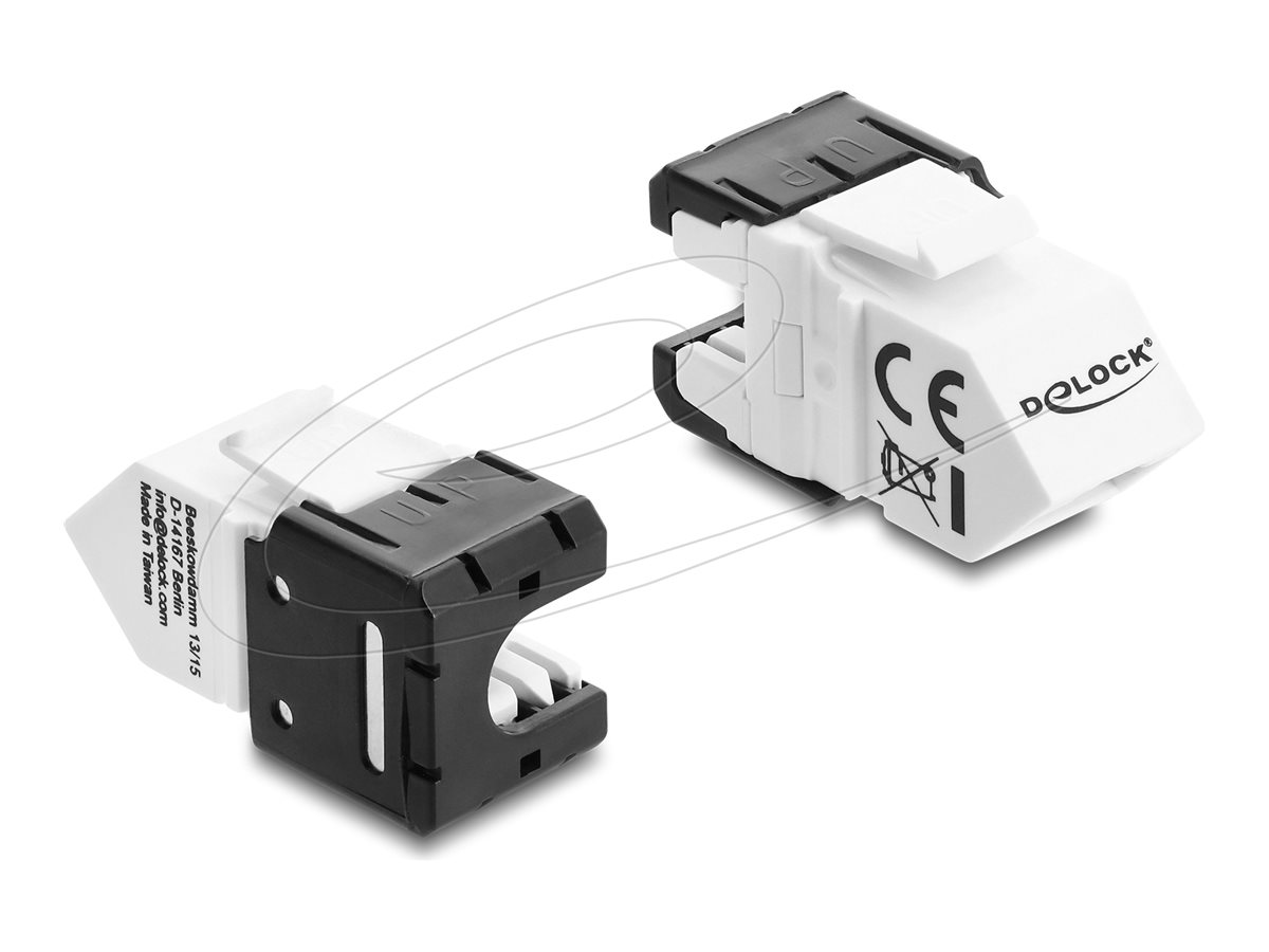 Delock - Modular indlæg - 45° angled, 180° cable routing, tool-free - CAT 6a - UTP - RJ-45, LSA - sort, hvid