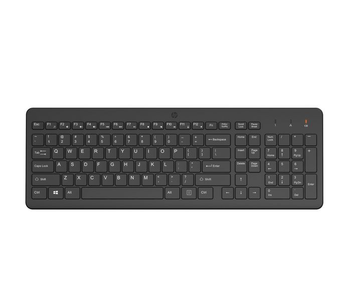 HP Wireless keyboard with 2.4 GHz connection, chiclet-style keys, 10m range, 16-month battery life, AES 128-bit encryption.