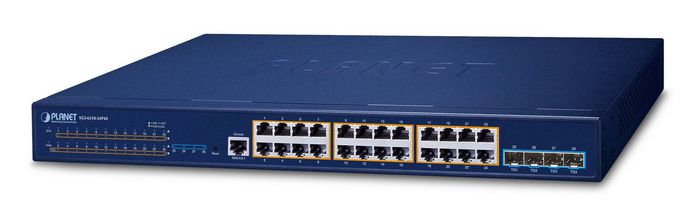 Planet L3 24-Port 10/100/1000T 802.3at PoE + 4-Port 10G SFP+ Stackable Managed Switch