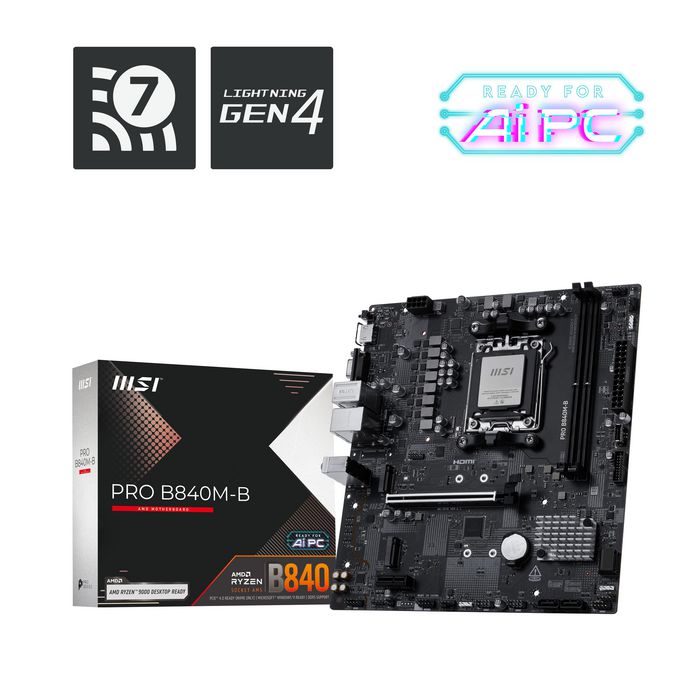MSI Socket AM5, AMD B840 Chipset, 2 x DDR5-SDRAM up to 128GB, LAN, 1 x RJ-45, 4 x SATA III, 2 x M.2(M), UEFI AMI, Micro ATX