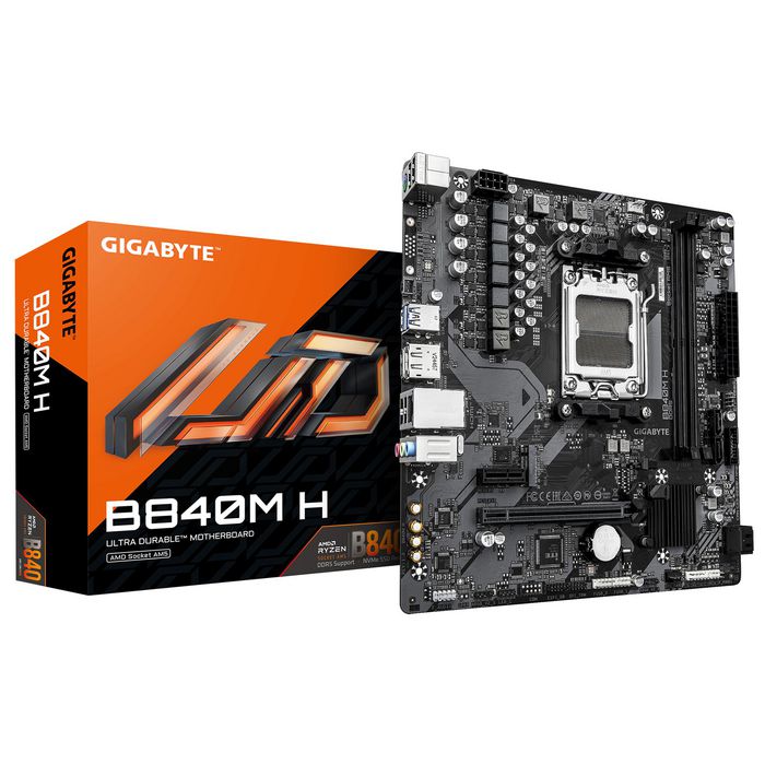 Gigabyte B840M H Motherboard - AMD Ryzen 9000 CPUs, 5+2+2 Phases VRM, up to 7200MHz DDR5 (OC), 1xPCIe 4.0 M.2, 1GbE LAN, USB 3.2 Gen 1