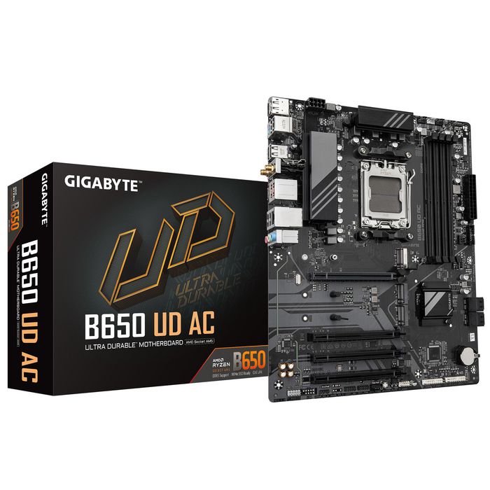 Gigabyte B650 UD AC Motherboard - AMD Ryzen 9000 Series CPUs, 6+2+2 Phases VRM, up to 8000MHz DDR5 (OC), 1xPCIe 5.0 + 2xPCIe 4.0 M.2, GbE LAN, WIFI 5, USB 3.2 Gen 2