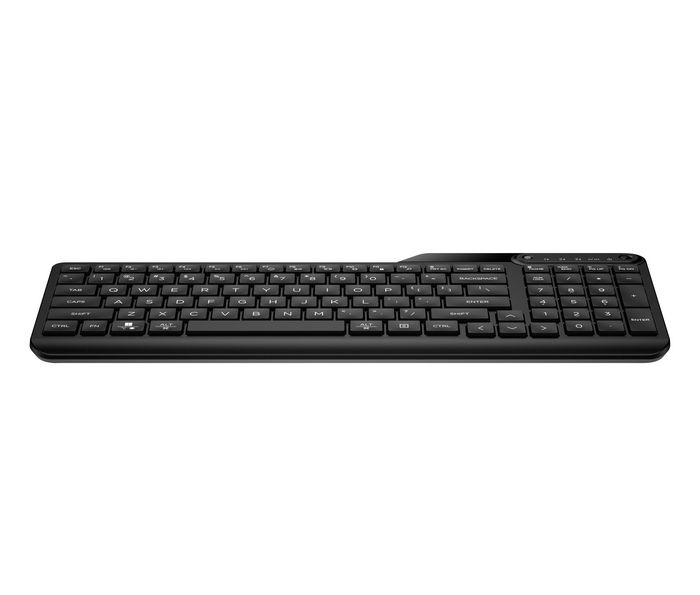 HP Compact Bluetooth keyboard supporting up to three devices, full-size layout, spill-resistant design, long battery life.