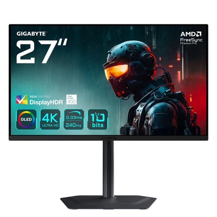 Gigabyte MO27U2 OLED 4K UHD Gaming Monitor - 3840 x 2160, 240Hz, 0.03ms, 1000 cd/m², Display HDR True Black 400, HDMI 2.1, Displayport 1.4