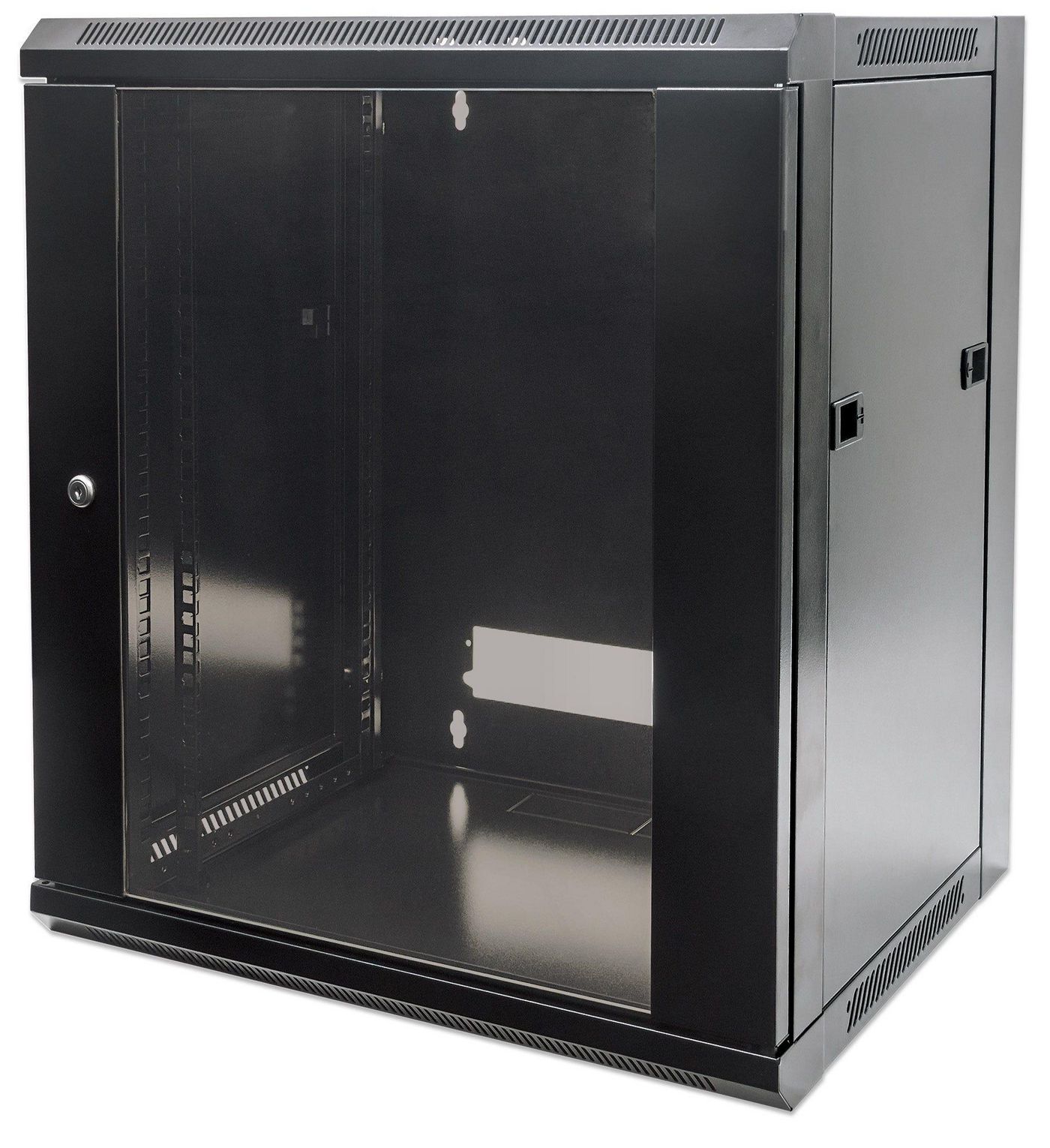 Intellinet 19" Network Cabinet - Wall Mount (Standard), 9U, 450mm Deep, Black, Flatpack, Max 60kg, Suitable also for use on desk or floor, Usable Depth 270mm to 350mm, Metal & Glass Door, Back Panel, Removeable Sides,Parts for wall installation not included