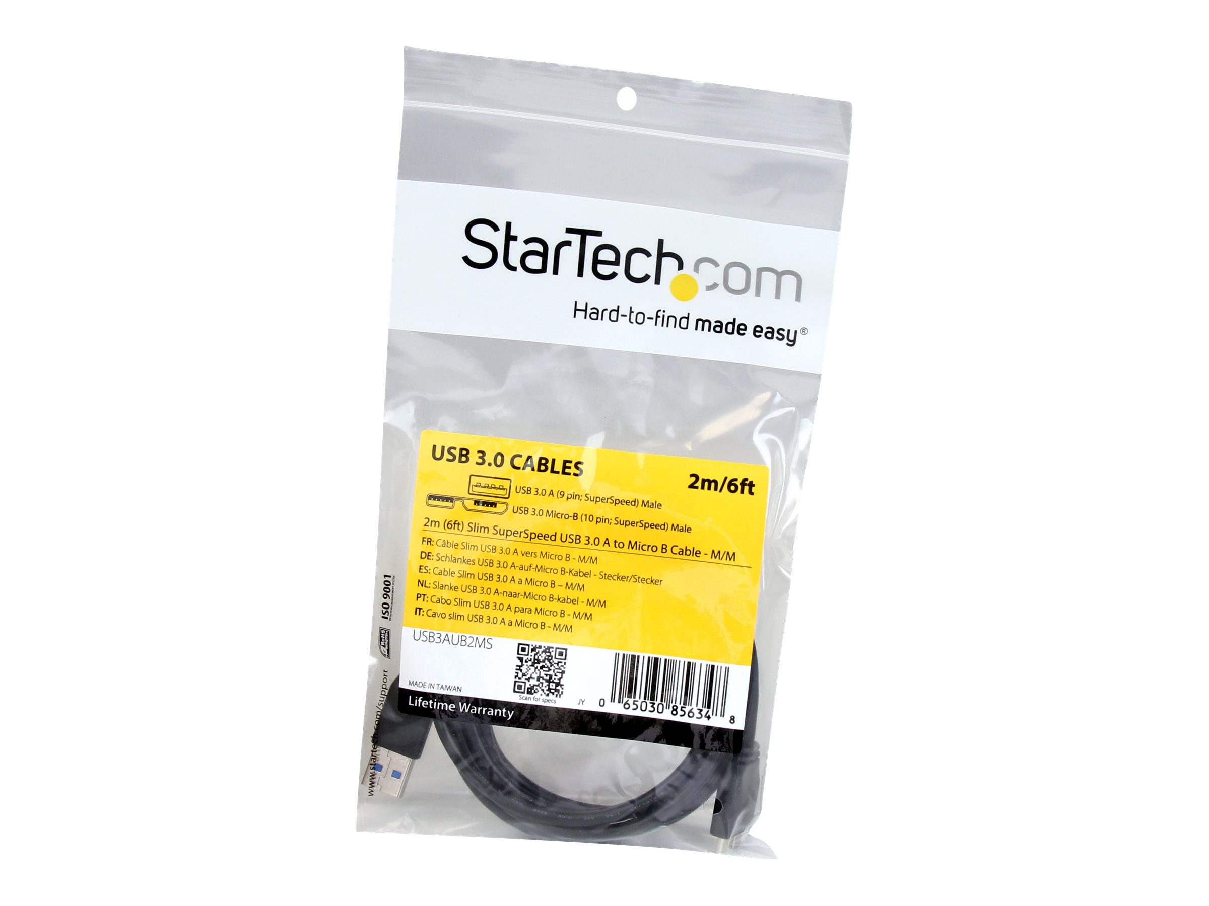 StarTech.com 2m 6ft Slim USB 3.0 A to Micro B Cable M/M - Mobile Charge Sync USB 3.0 Micro B Cable for Smartphones and Tablets (USB3AUB2MS) USB-kabel 2m Sort