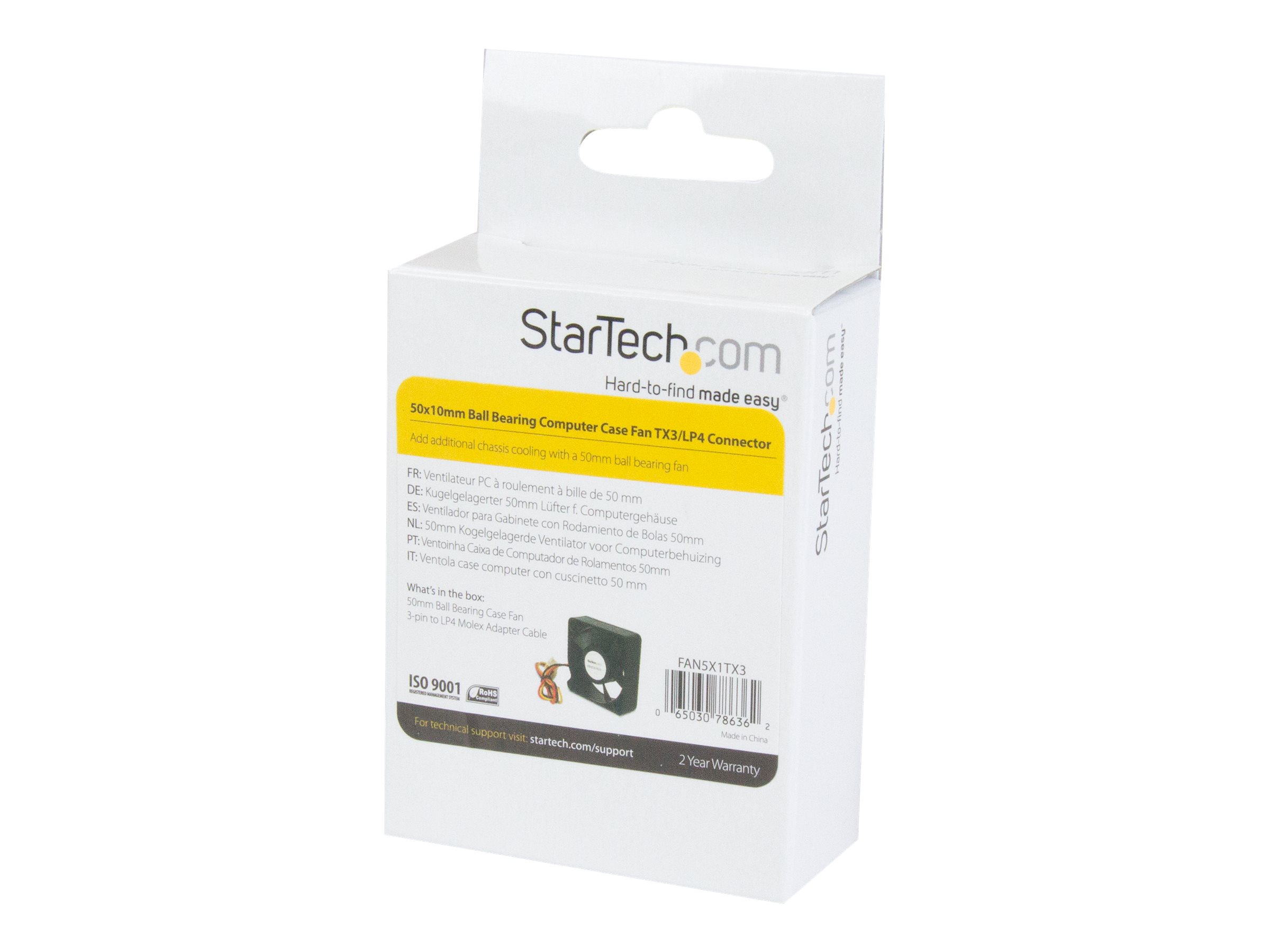 StarTech.com 50x10mm Replacement Ball Bearing Computer Case Fan TX3/LP4 Connector - 3 pin case Fan - TX3 Fan - 50mm Fan (FAN5X1TX3) Ventilationspakke for system 1-pack 50 mm