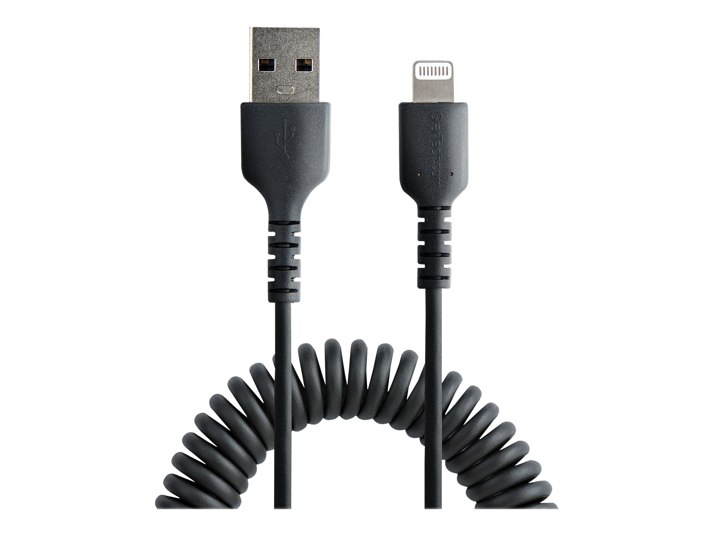 StarTech.com 1m (3ft) USB to Lightning Cable, MFi Certified, Coiled iPhone Charger Cable, Black, Durable and Flexible TPE Jacket Aramid Fiber, Heavy Duty Coil Charging Cable - Rugged USB Lightning Cable Lightning-kabel 1m Sort
