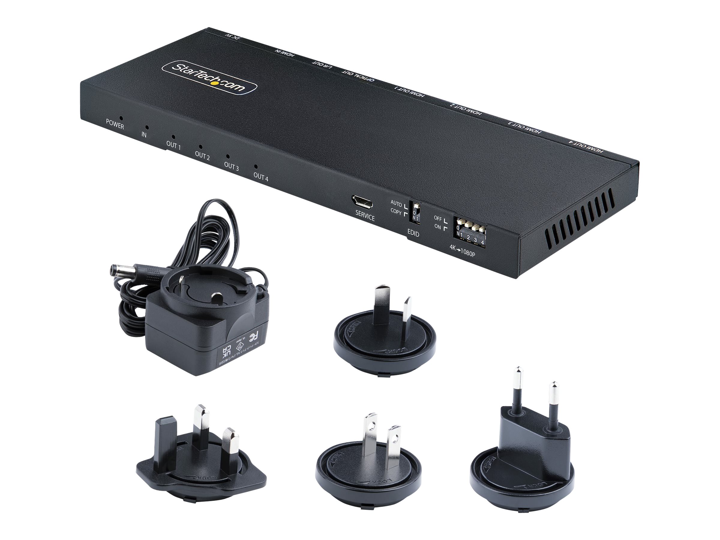 StarTech.com 4-Port HDMI Splitter, 4K 60Hz HDMI 2.0 Video, 1 In 4 Out HDMI Splitter, 4K HDMI Splitter w/Built-in Scaler, 3.5mm/Optical Audio Port, Durable Metal Housing, HDR/HDCP - 1x4 HDMI Display/Output Splitter (HDMI-SPLITTER-44K60S) Video-/audiosplitt