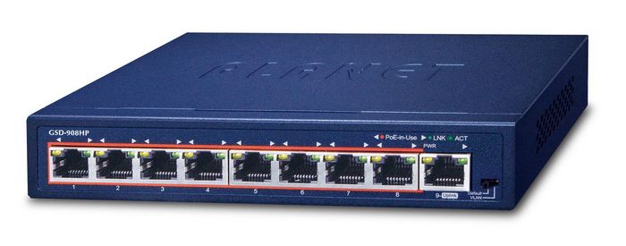 Planet 8-Port 10/100/1000T 802.3at PoE + 1-Port Gigabit Desktop Switch
