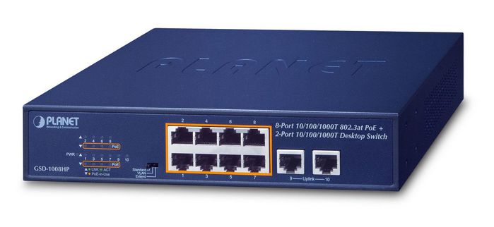 Planet 8-Port 10/100/1000T 802.3at PoE + 2-Port 10/100/1000T Desktop Switch (120 watts)