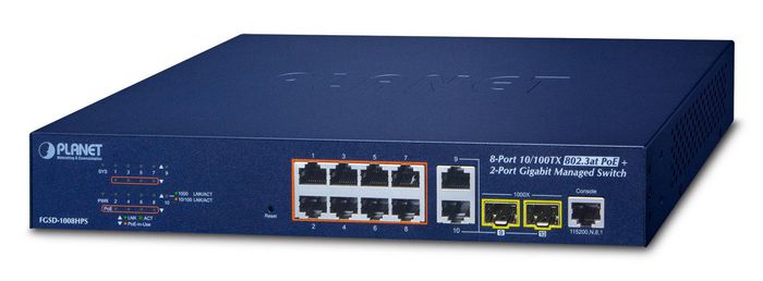 Planet 8-Port 10/100TX 802.3at PoE + 2-Port Gigabit TP/SFP Combo Managed Ethernet Switch