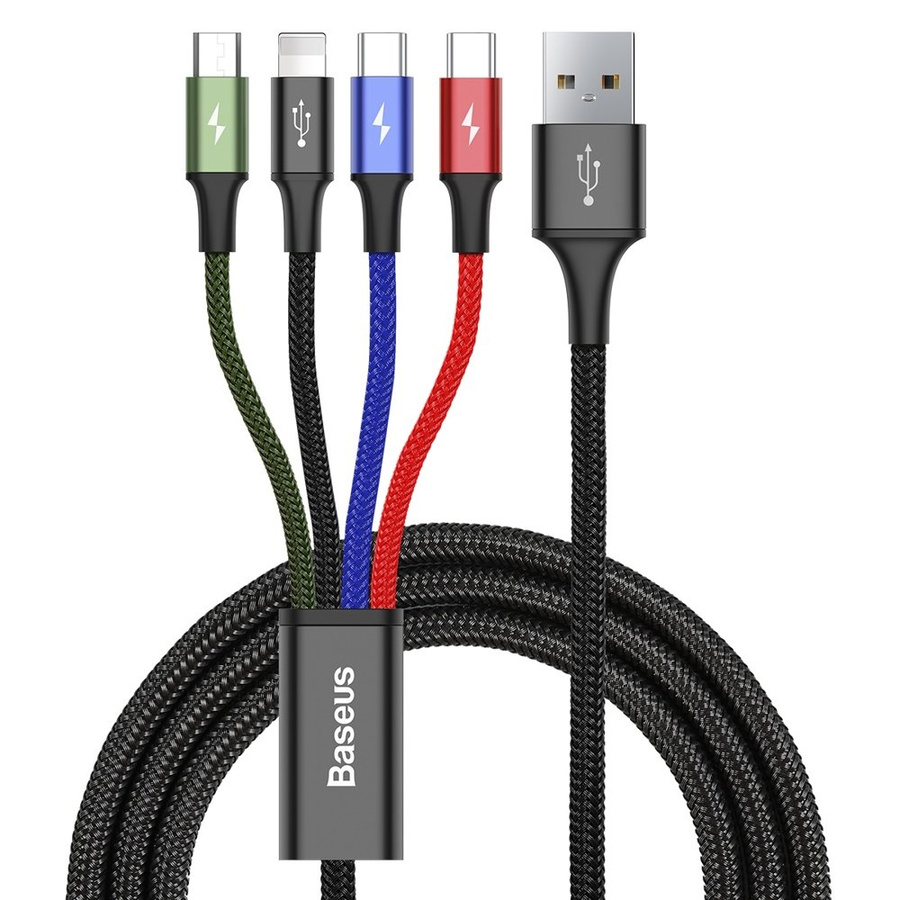 Baseus CA1T4-B01 kabel til mobiltelefon Sort 1,2 m USB A Lightning + micro-USB B + USB C