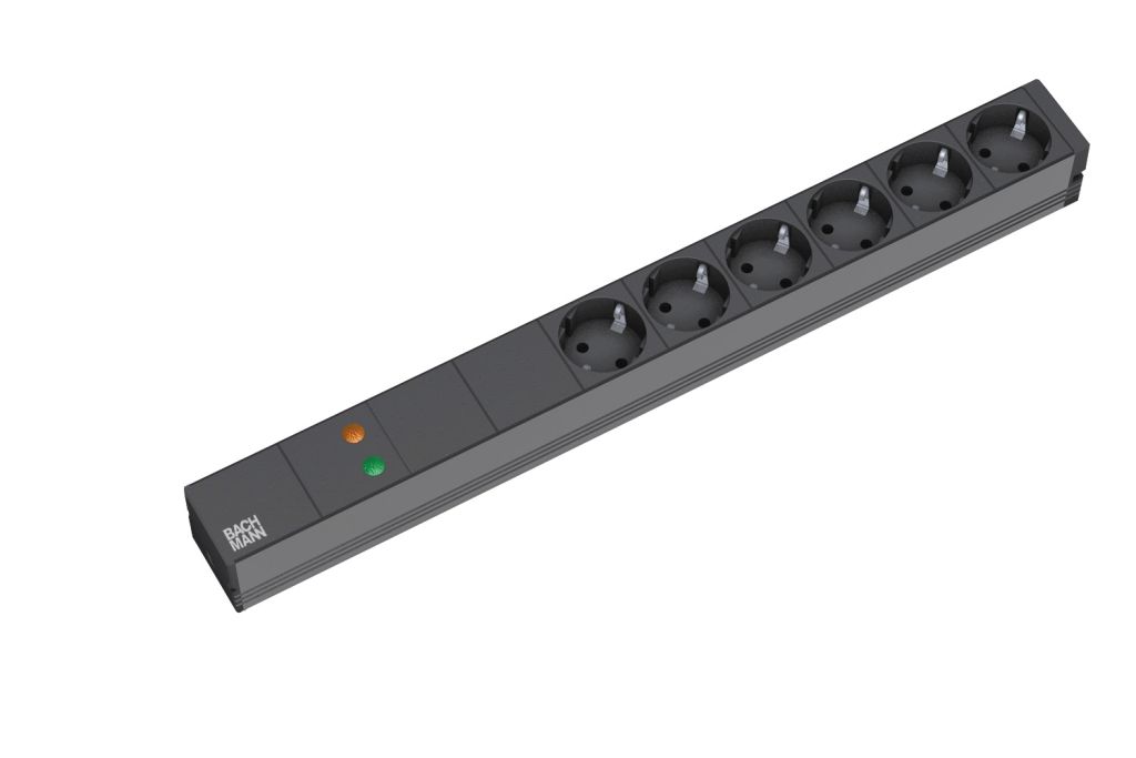 ALLNET 19" e.g. socket strip, 6x sockets (CEE7)->plugs (CEE7), NF/ÜS, black, Bachmann
