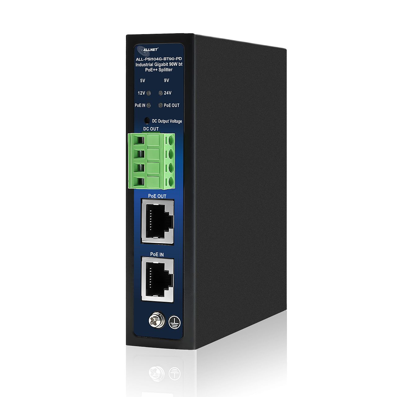 ALLNET PoE Splitter/Extractor industrial &bull 1x GbE PoE BT IN &bull 1x GbE PoE Out &bull 5V/9V/12V/24V adjustable &bull DIN-Rail &bull ALL-PSI104G-BT90-PD
