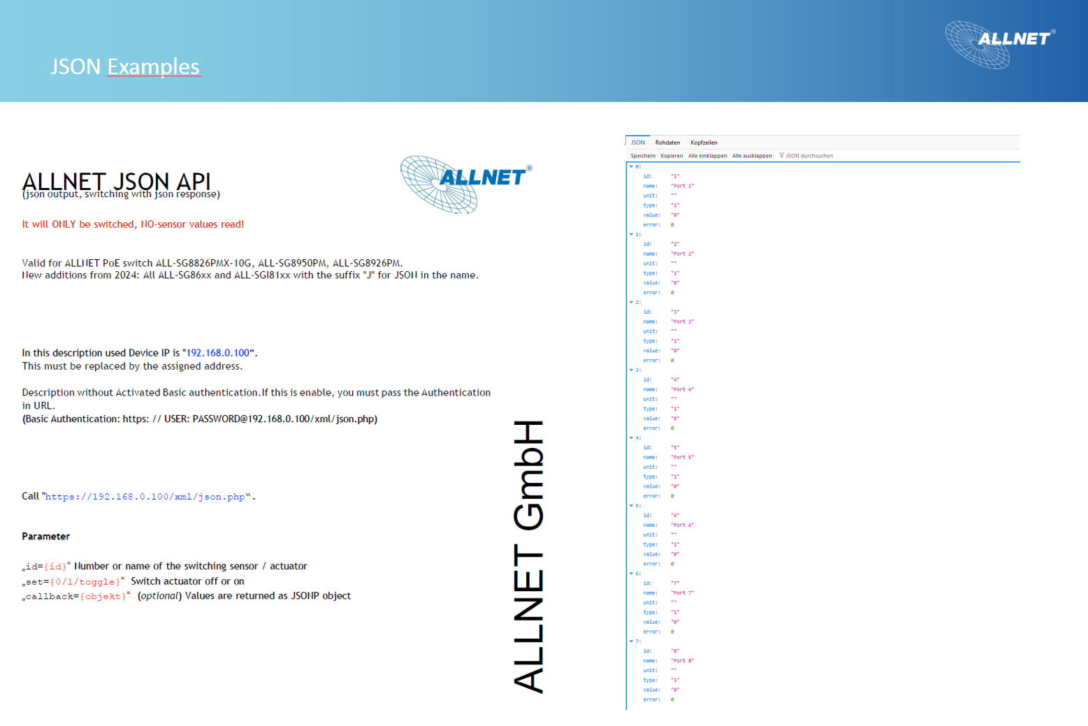 ALLNET Switch full managed Layer2 10 Port 8x GbE PoE Budget 130W 8x PoE at 2x SFP 19 Fanless JSON API ALLSG8610PMJ