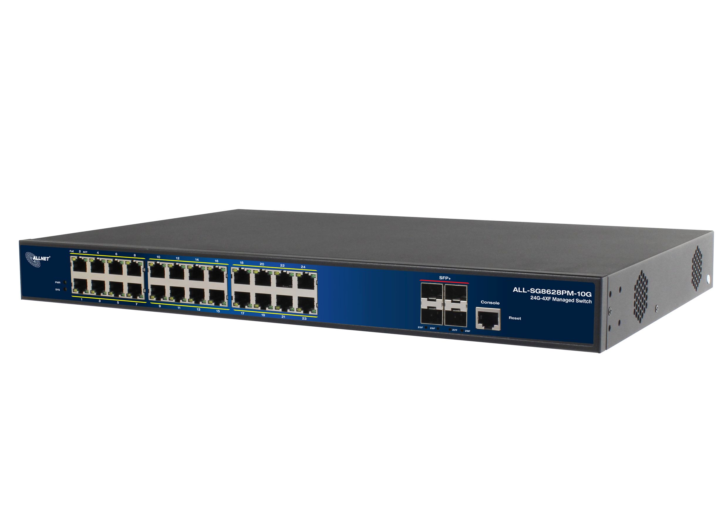 ALLNET Switch full managed Layer2 24 Port 24x GbE PoE Budget 370W 24x PoE at 4x SFP 19 JSON API ALLSG8628PMJ10G