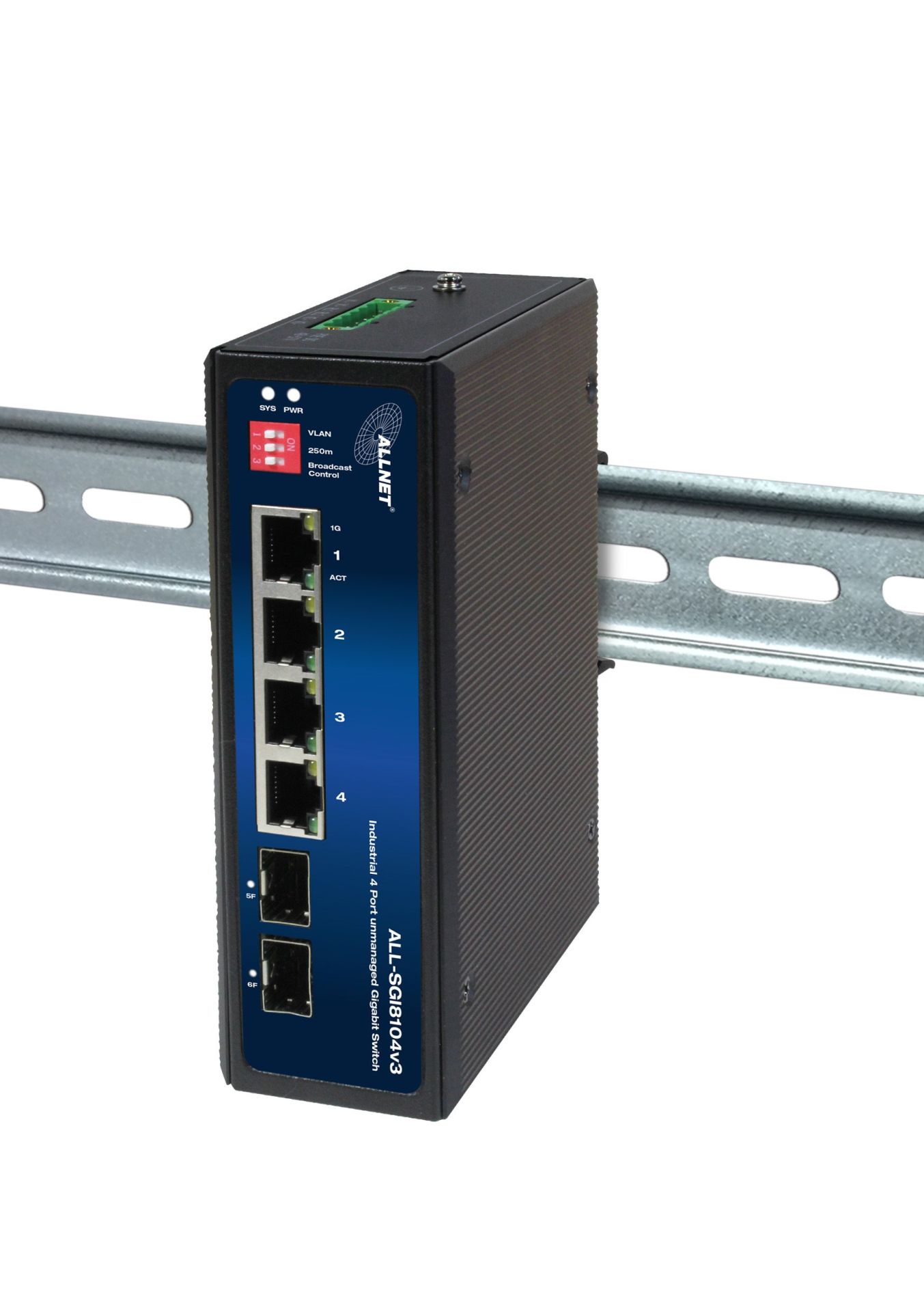ALLNET Switch industrial unmanaged Layer2 6 Port GbE • 4x GbE • 2x SFP • Fanless, IP40 • ALL-SGI8104v3
