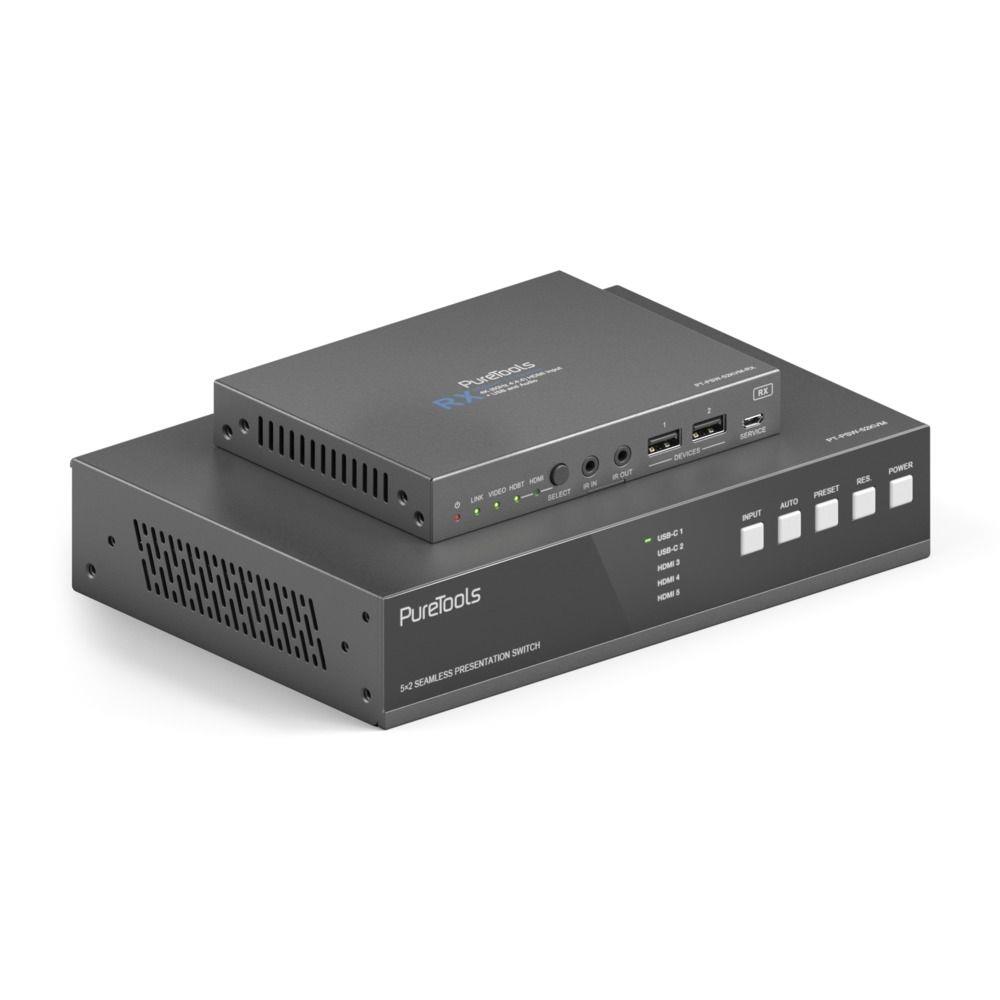 PureLink PT-PSW-52KVM | 18Gbps USB-C KVM Switcher w. Dante | 5in x 1out | 3840x2160 60Hz 4:4:4 | Presentation switch set incl HDBT Reciever