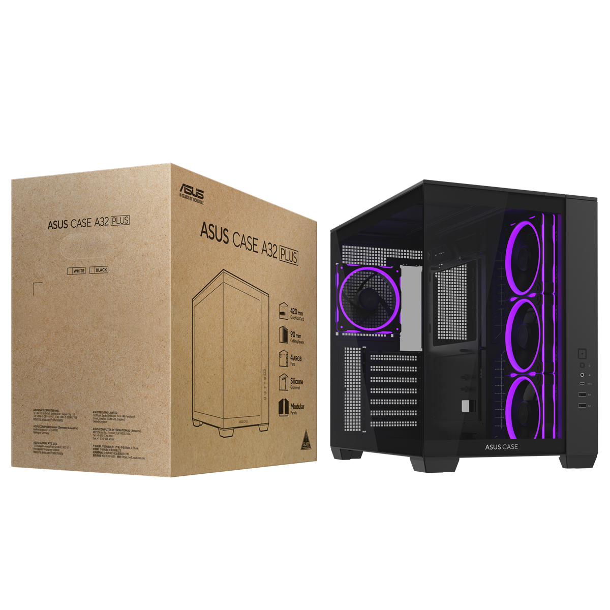 ASUS A32 PLUS TG ARGB ATX Case with 4 pre-installed ARGB fans - Black