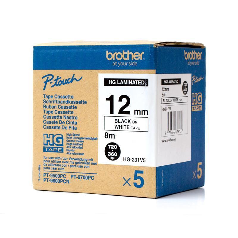 Brother HGE231V5 Tejp Svart Text, Vit botten, 12mm, High Grade 5-pack