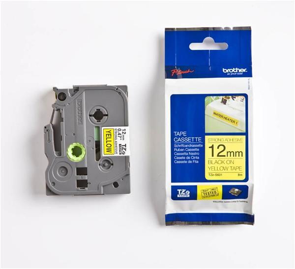 Brother TZS631 Tejp Svart Text, Gul Botten, 12mm, Stark, Laminerad