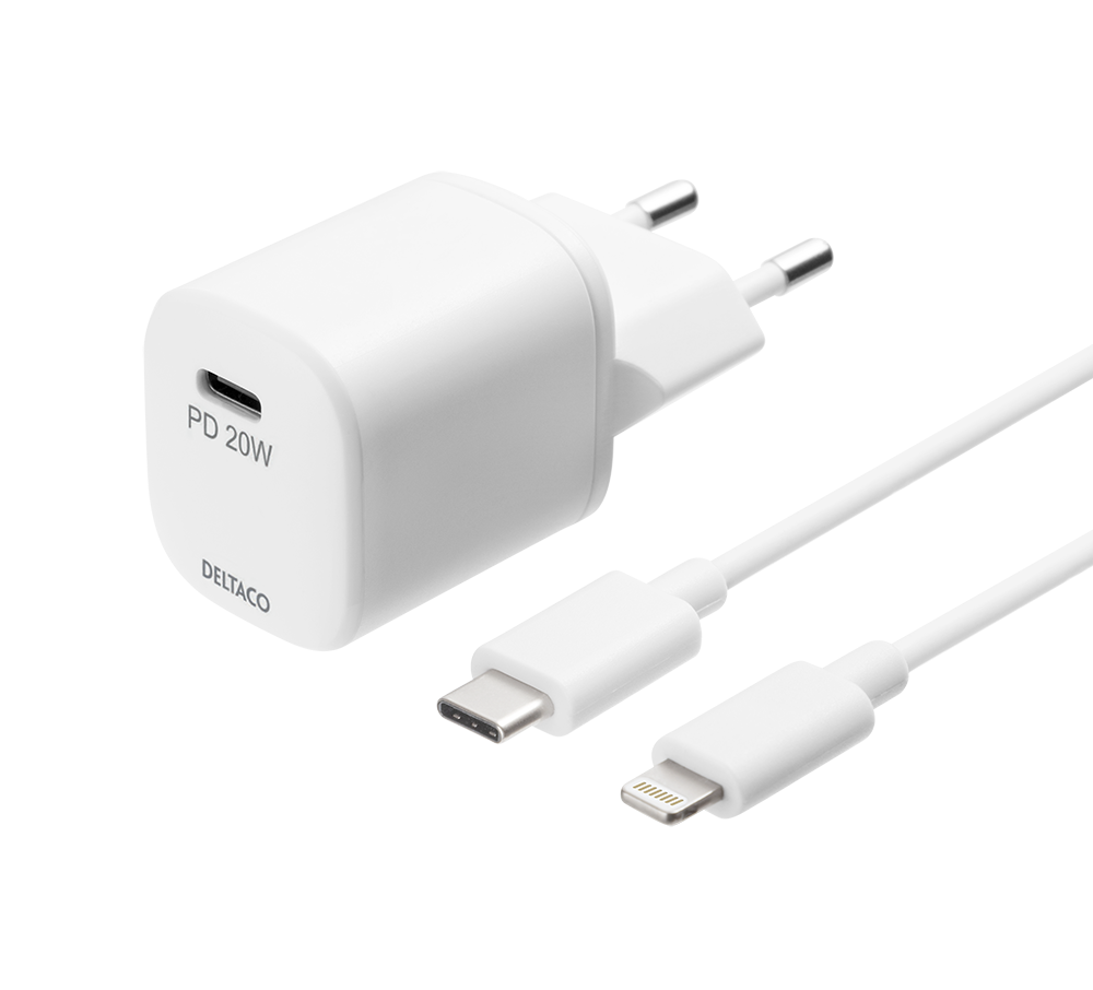 DELTACO USB-C PD wall charger with detachable USB-C to Lightning cable, 1 m, white