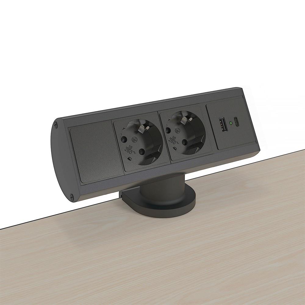 Axessline Desk - 2 socket type F, 1 USB-C & 1 USB-A charger | Table, surface installed | Black