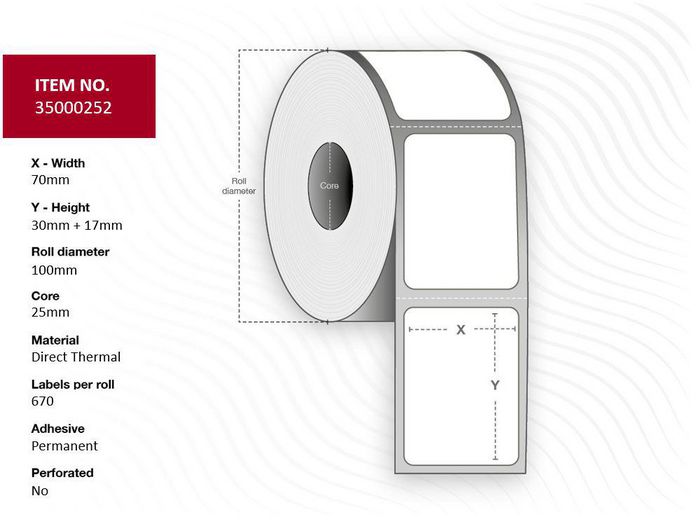 Capture Label 70x30x17 - Core 25. DIameter 100 mm. White. Uncoated. DT. Permanent. 670 labels per roll. 4 rolls per box. Black Mark, no perforation. Mother Daughter label. Each label is cut in two halves. The Mother label measures 70 x 30mm and the Daughter label measures 70 x 17mm.