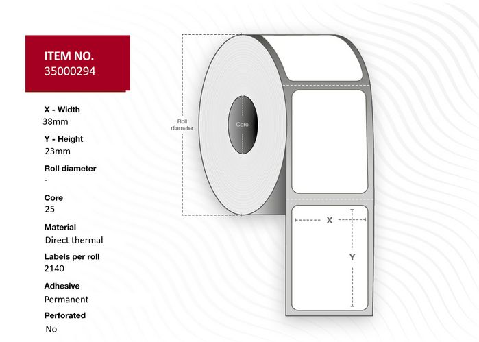 Capture Label 38 x 23 - Core 25. White. Premium. DT. Permanent. 2.140 labels per roll. 4 rolls per box. Black Mark