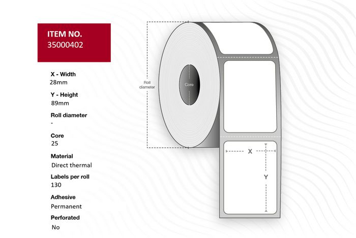 Capture Label 28x89 - Core 25. White. Premium. DT. Permanent. 130 labels per roll. 12 rolls per box. Black Mark and Sensor hole