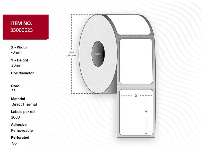Capture Label 70 x 30 - Core 25. White. Premium. DT. Removable. 1.000 labels per roll. 4 rolls per box. Black Mark