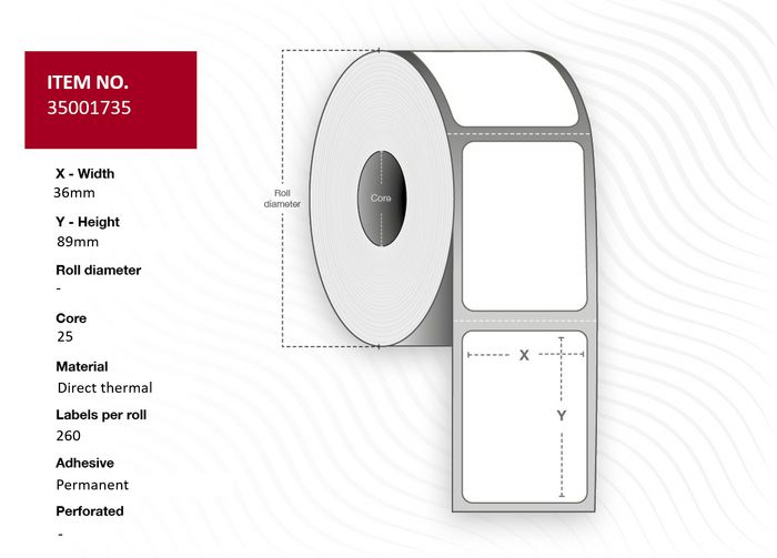 Capture Label 36x89 - Core 25. White. Top-coated. DT.  260 labels per roll. 24 rolls per box. Black Mark