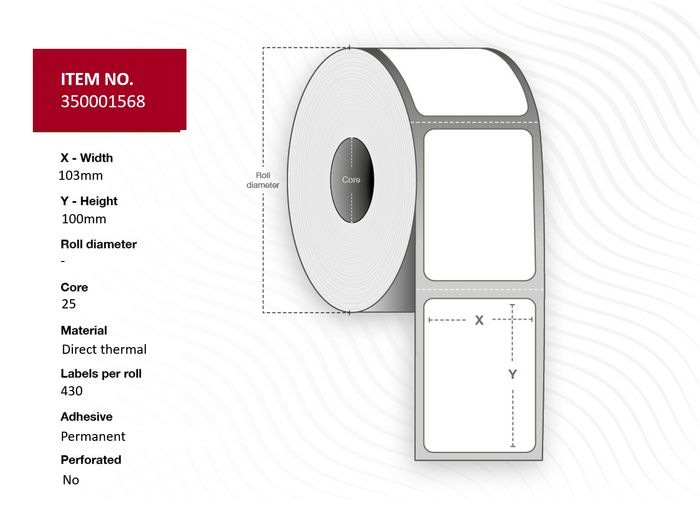Capture Label 103x100 - Core 25. White. Uncoated. DT. Permanent. 430 labels per roll. 12 rolls per box. Black Mark