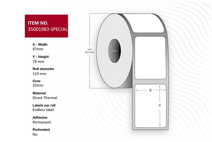 Capture Label 47 x 70 - Core 25. White. Eco. DT. Permanent.  1 roll per box. Special dye included