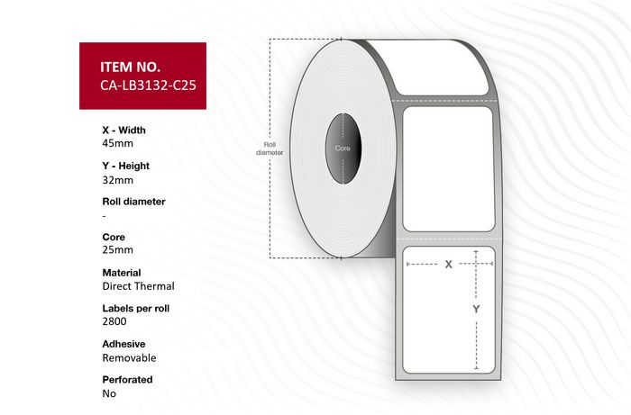 Capture Label 45 x 32mm, Core 25mm, Direct Thermal, Coated, Permanent adhesive, No perforation, 2800 labels per roll, 10 rolls per box.