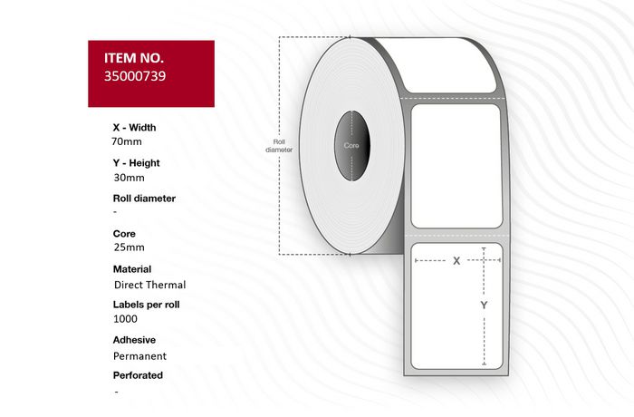 Capture Label 70 x 30mm - Core 25. White. Eco. DT. Permanent. No Perforation 1.000 labels per roll. 4 rolls per box. Black Mark