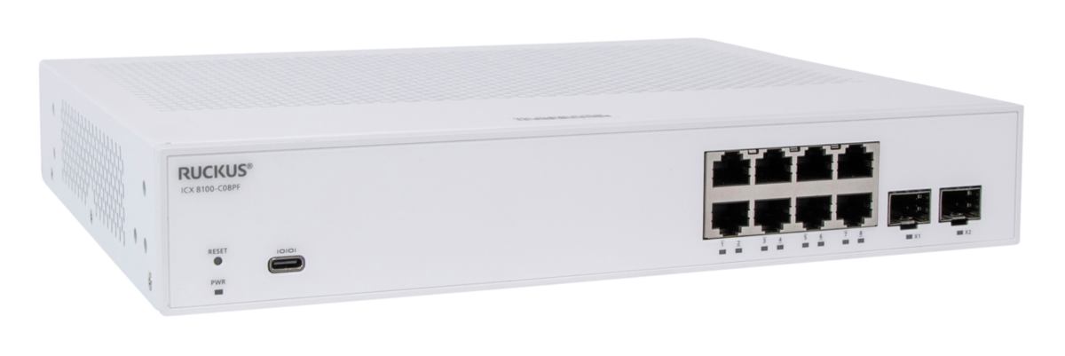 CommScope Ruckus PoE Switch Full Managed Layer2 10 Port &bull 8x 1 GbE &bull 2x 1/10G SFP &bull 124W PoE Budget &bull ICX8100-08P