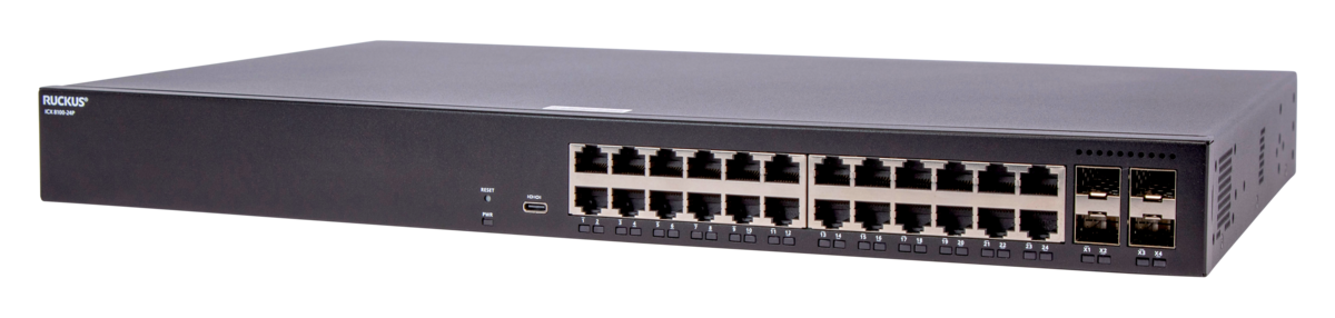 CommScope Ruckus PoE Switch Full Managed Layer2 26 Port &bull 24x 1 GbE &bull 4x 1/10G SFP &bull 370W PoE Budget &bull ICX8100-24P