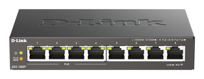 D-Link DGS-1008, 8-Port Gigabit Ethernet PoE Switch, 16 Gbps, MDI/MDIX, Black
