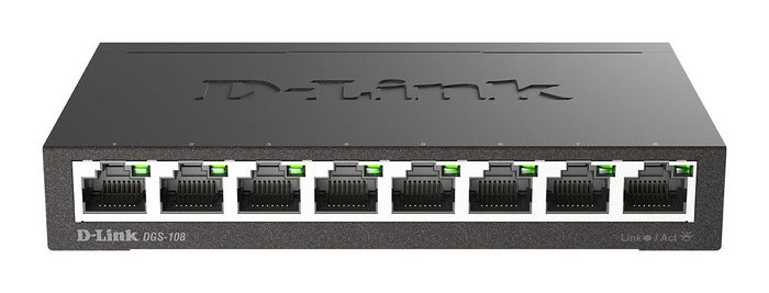 D-Link DGS-108 - 8-Port 10/100/1000 Gigabit Metal Housing Desktop Switch, Auto MDI/MDIX, Full/half-duplex, Jumbo Frames, 16 Gbps, QoS, Black