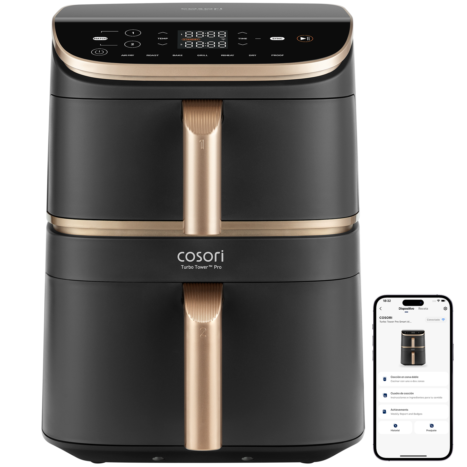 Cosori Turbo Tower Pro Smart Enkelt 10,8 L Enkeltstående 2630 W Varmluftsteger Sort, Guld