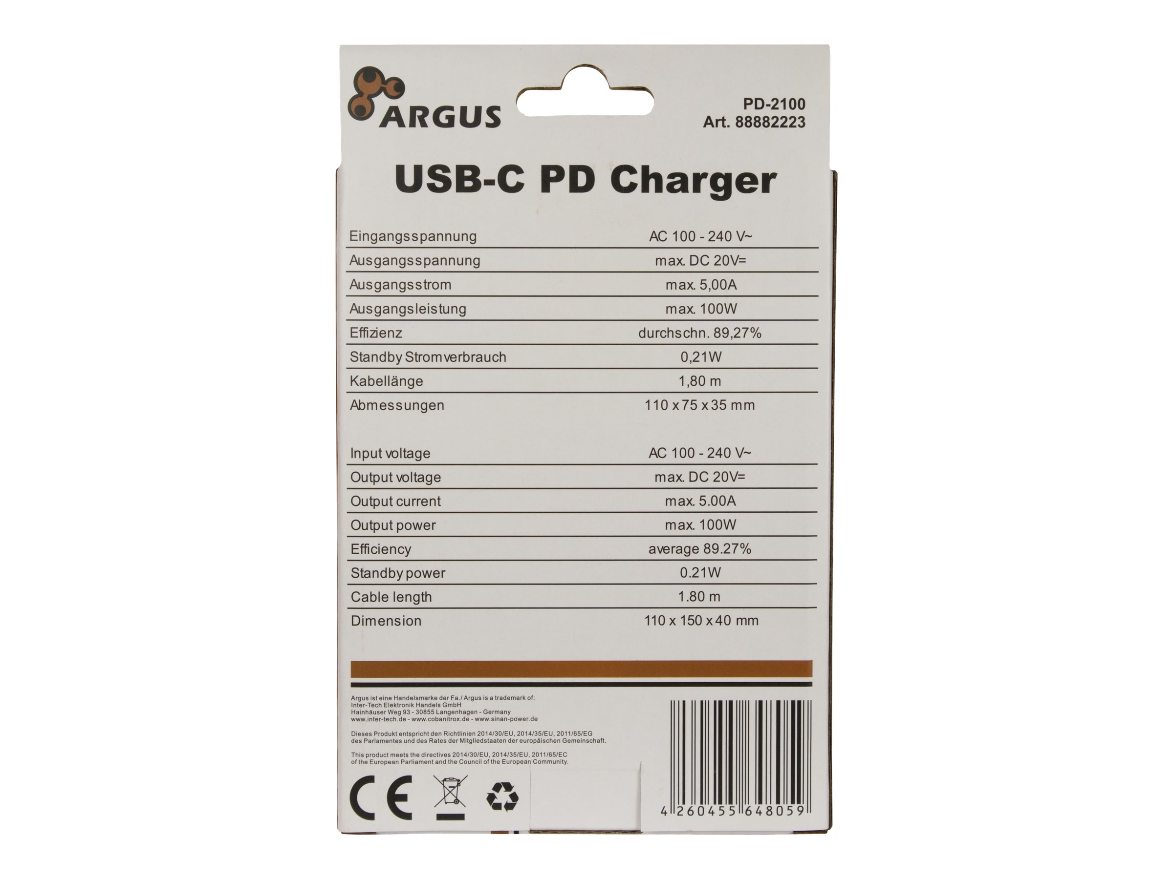Lader 230V 1xUSB-C 100W Argus PD-2100 Zwart