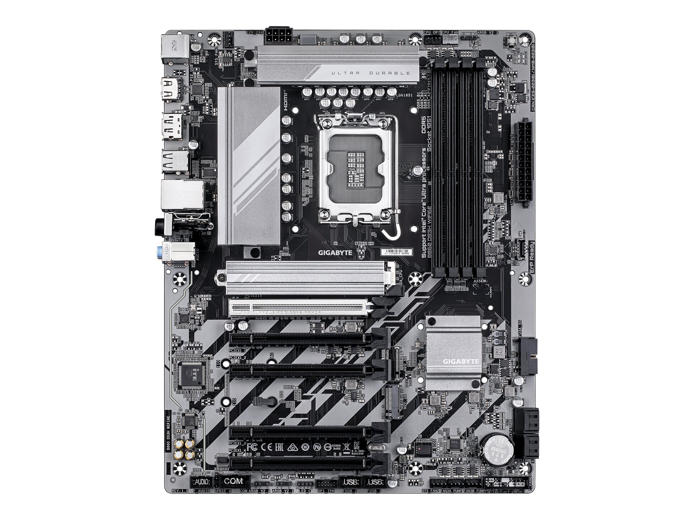 Gigabyte MainboardIntel B860 ExpressLGA1851ATXMemory DDR55xPCI-Express 16x2xM.21xHDMI1xDisplayPort1xAudio-In1xAudio-Out1xMicrophone1xUSB 2.01xUSB 3.21xUSB-C1xPS/21xRJ45B860DS3HWIFI6E1.0