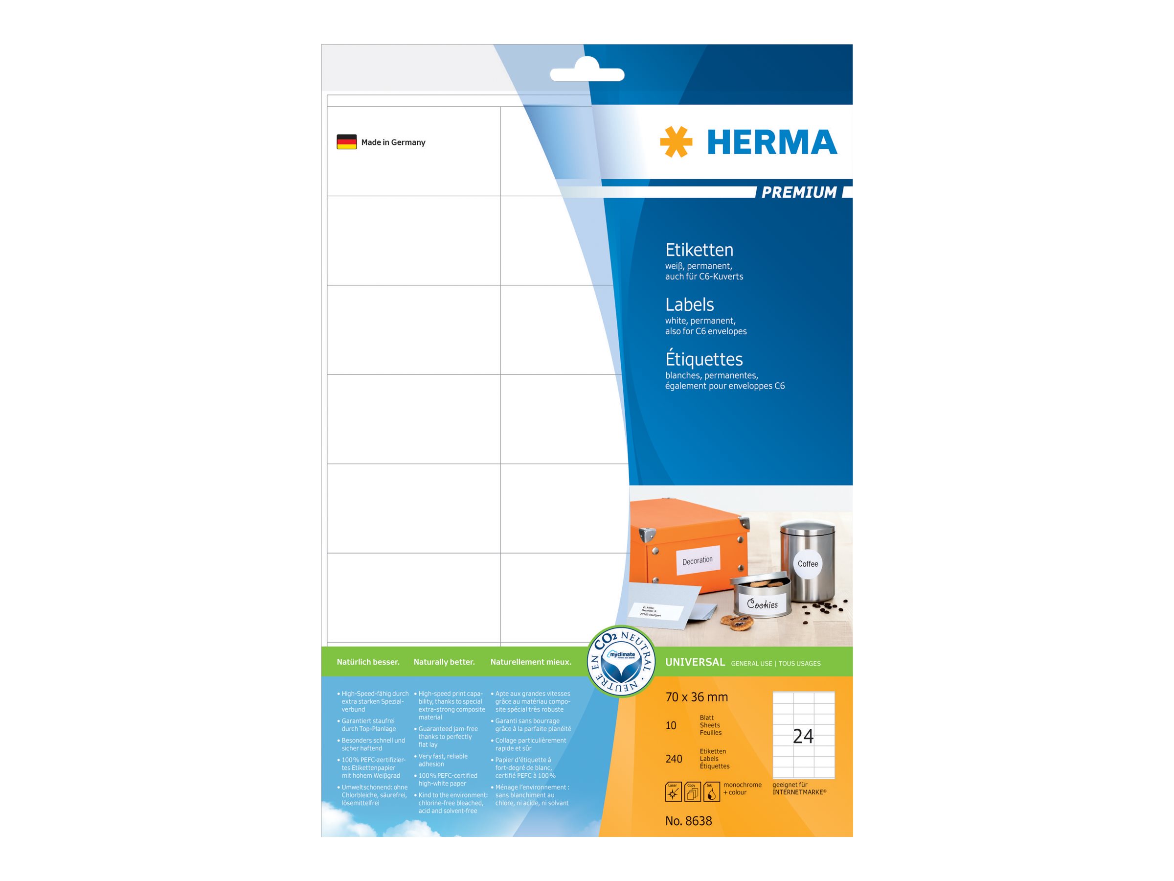 HERMA Premium Laminerede etiketter 70 x 36 mm 240etikette(r) 8638