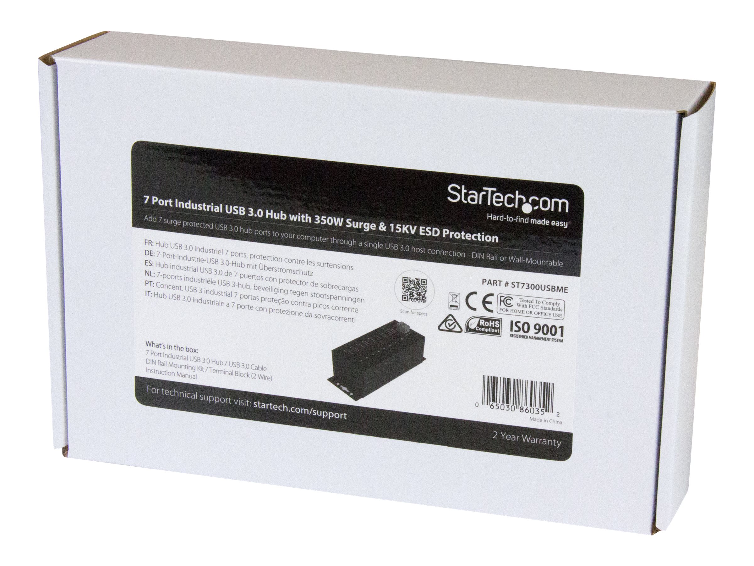 StarTech.com 7-Port USB 3.0 Hub - Metal Industrial USB-A Hub with ESD Protection & 350W Surge Protection - Din Rail, Wall or Desk Mountable - TAA Compliant USB Expander Hub (ST7300USBME) Sort