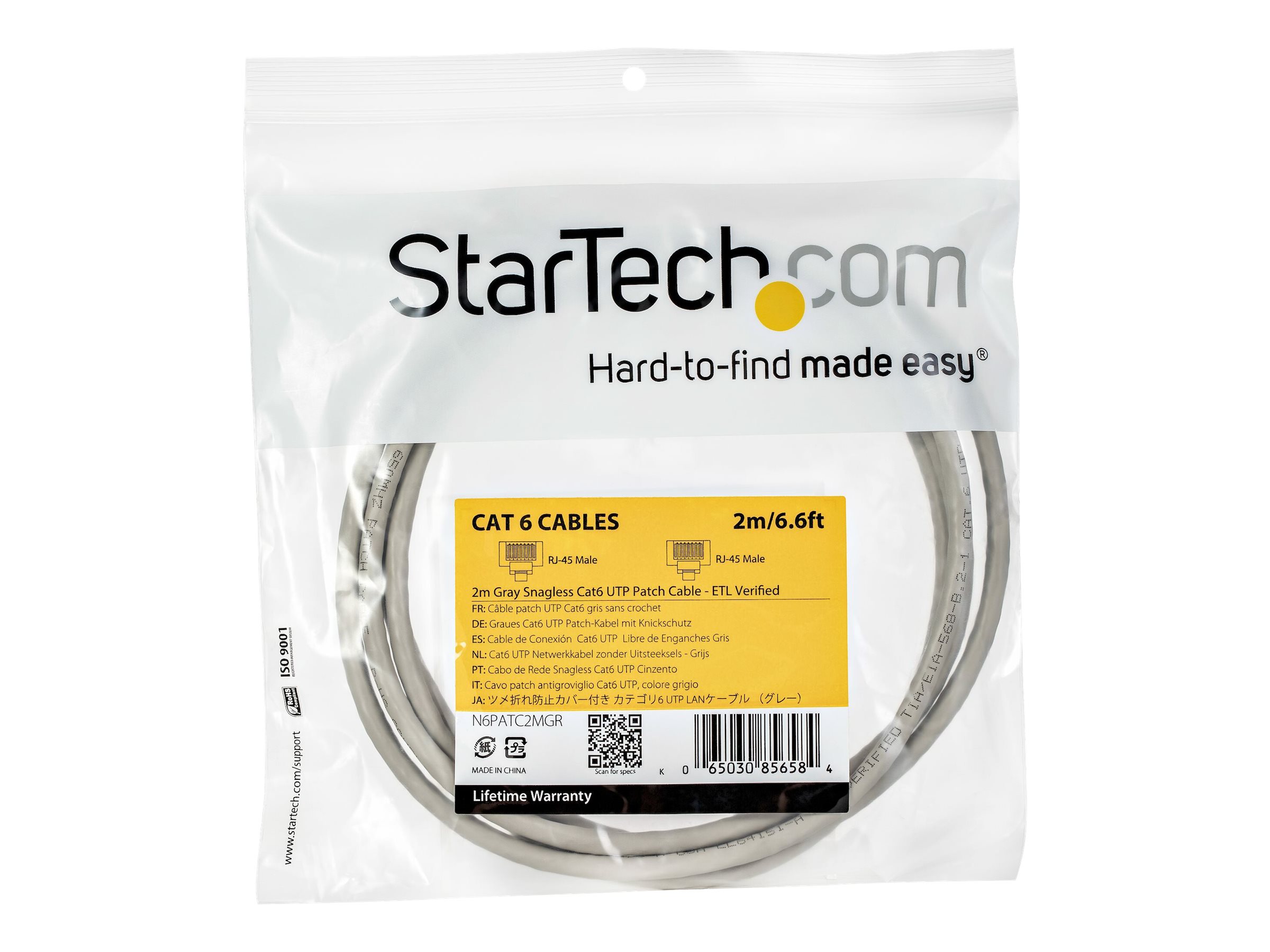 StarTech.com 2m CAT6 Ethernet Cable, 10 Gigabit Snagless RJ45 650MHz 100W PoE Patch Cord, CAT 6 10GbE UTP Network Cable w/Strain Relief, Grey, Fluke Tested/Wiring is UL Certified/TIA - Category 6 - 24AWG (N6PATC2MGR) CAT 6 Ikke afskærmet parsnoet (UTP) 2m